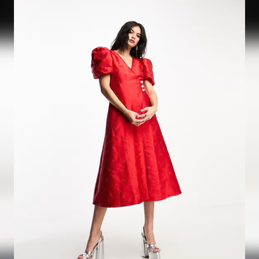 Sister Jane Red Midi Dress with Puff Sleeves